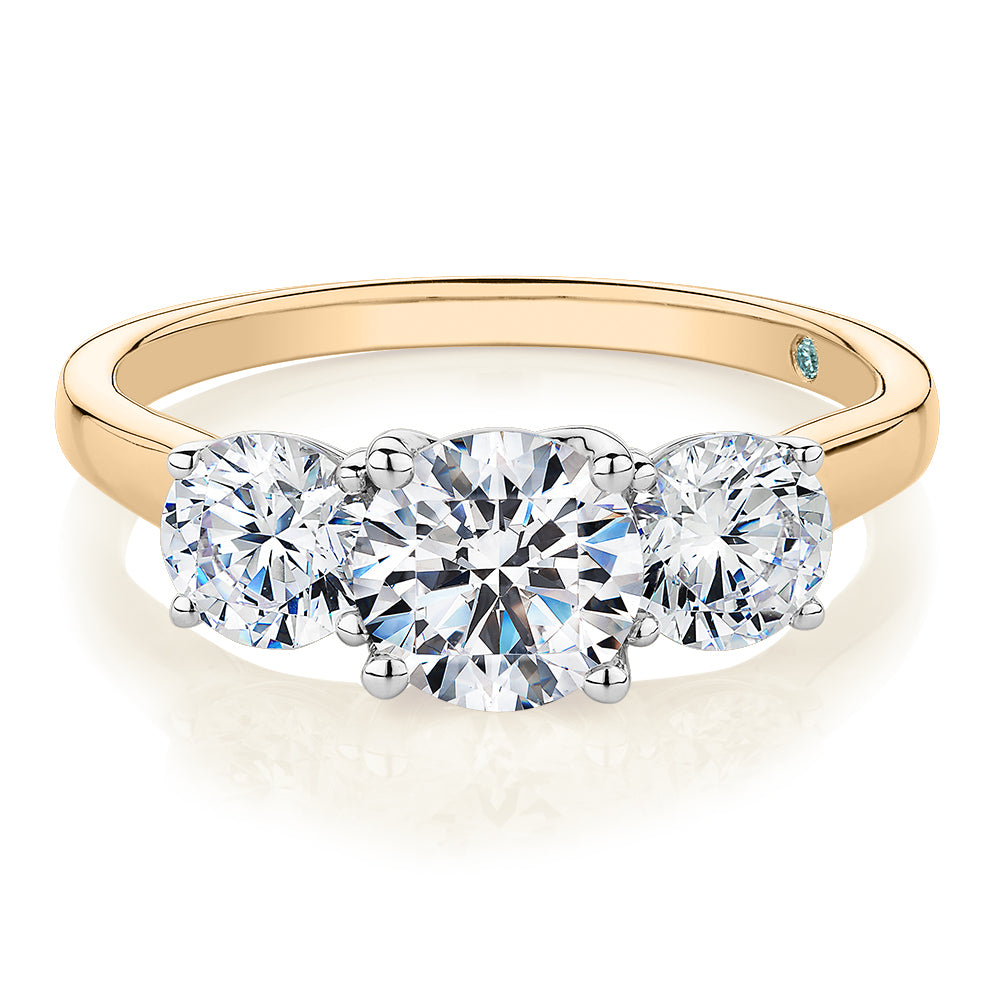 Premium Certified Lab-Grown Diamond 2.00 carat TW round brilliant cut three stone engagement ring in 10 carat yellow and white gold