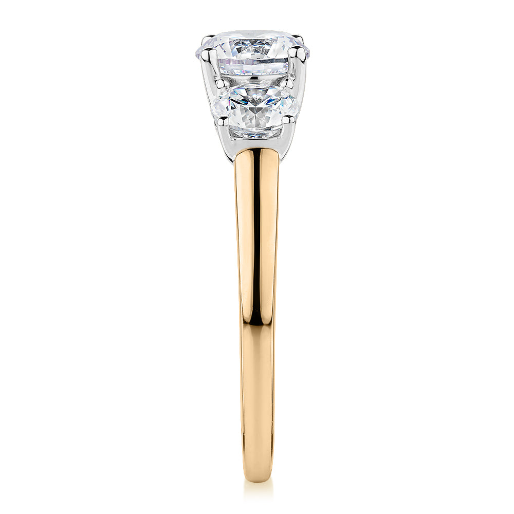 Premium Certified Lab-Grown Diamond 2.00 carat TW round brilliant cut three stone engagement ring in 10 carat yellow and white gold