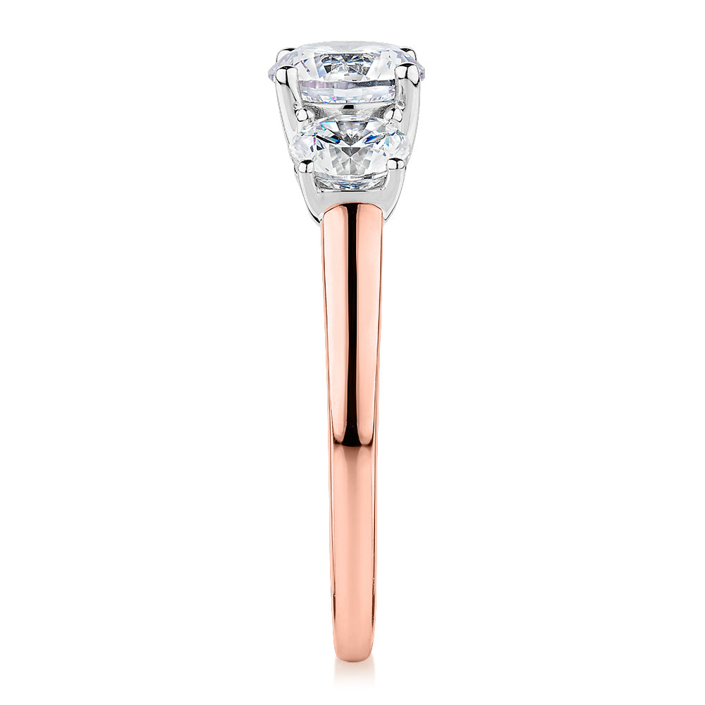 Signature Simulant Diamond 2.00 carat* TW round brilliant cut three stone engagement ring in 10 carat rose and white gold