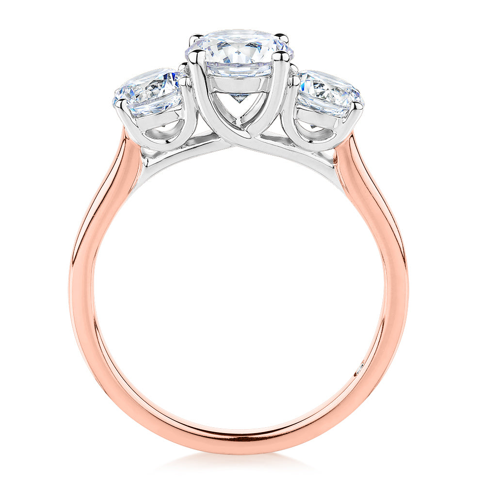 Signature Simulant Diamond 2.00 carat* TW round brilliant cut three stone engagement ring in 10 carat rose and white gold