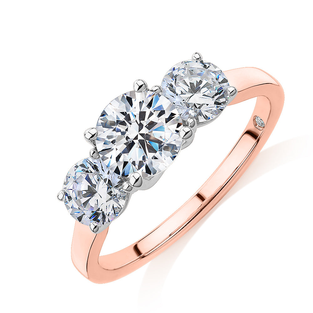 Signature Simulant Diamond 2.00 carat* TW round brilliant cut three stone engagement ring in 10 carat rose and white gold