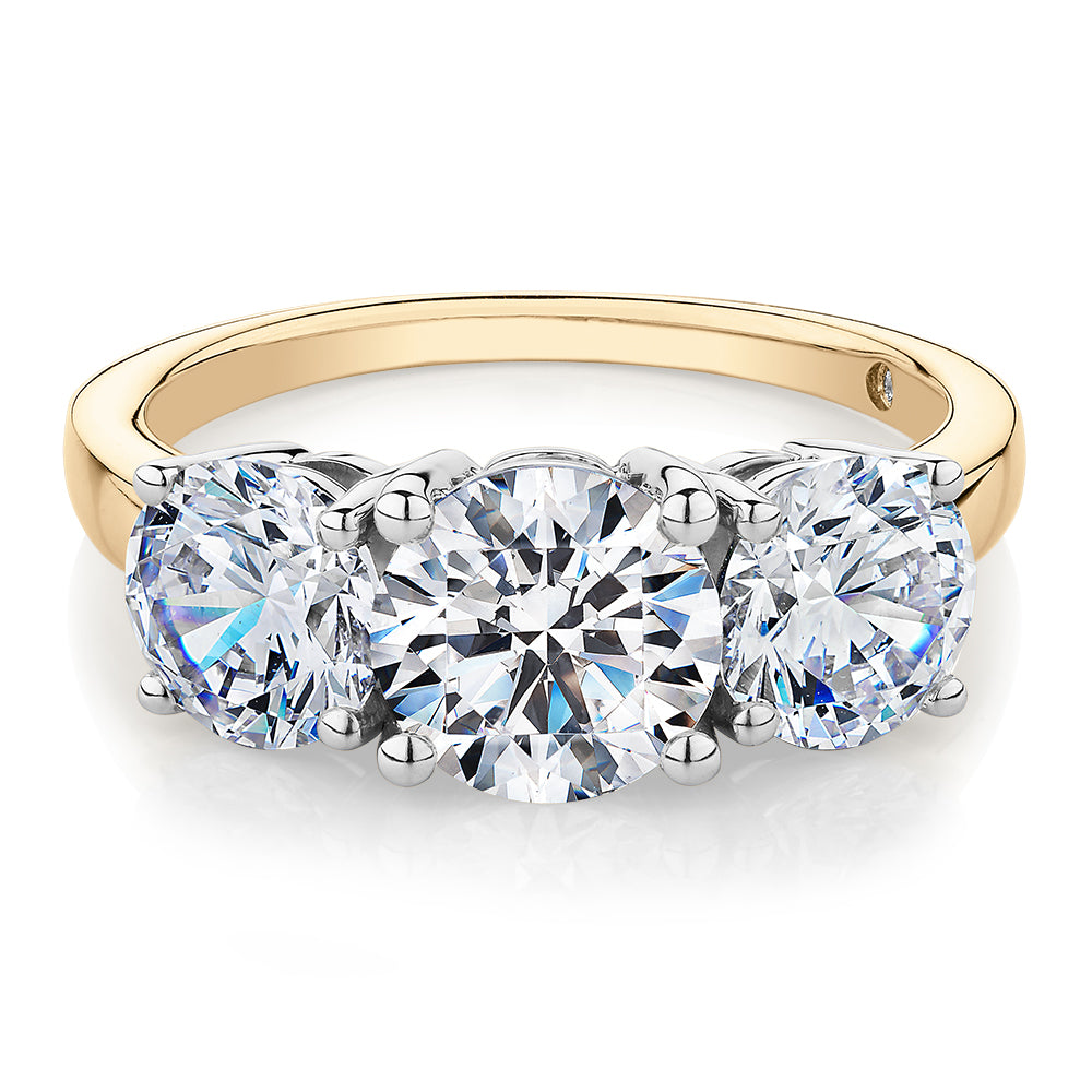 Signature Simulant Diamond 3.70 carat* TW round brilliant cut three stone engagement ring in 10 carat yellow and white gold