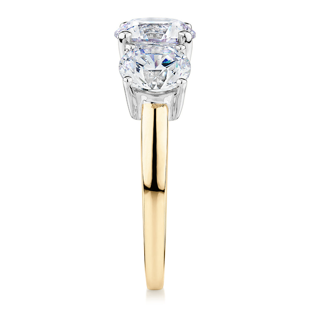 Signature Simulant Diamond 3.70 carat* TW round brilliant cut three stone engagement ring in 10 carat yellow and white gold