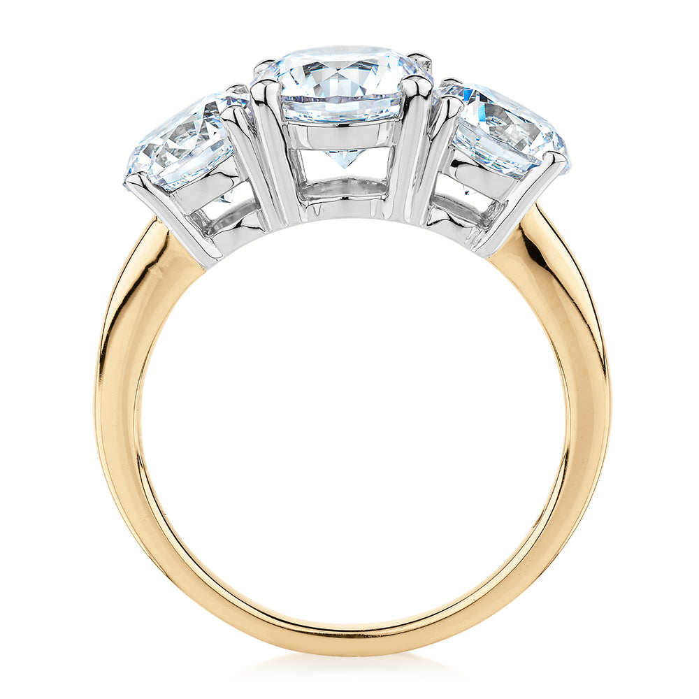Signature Simulant Diamond 3.70 carat* TW round brilliant cut three stone engagement ring in 10 carat yellow and white gold