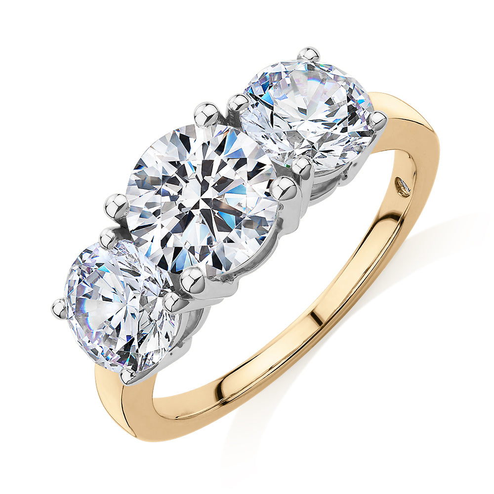 Signature Simulant Diamond 3.70 carat* TW round brilliant cut three stone engagement ring in 10 carat yellow and white gold