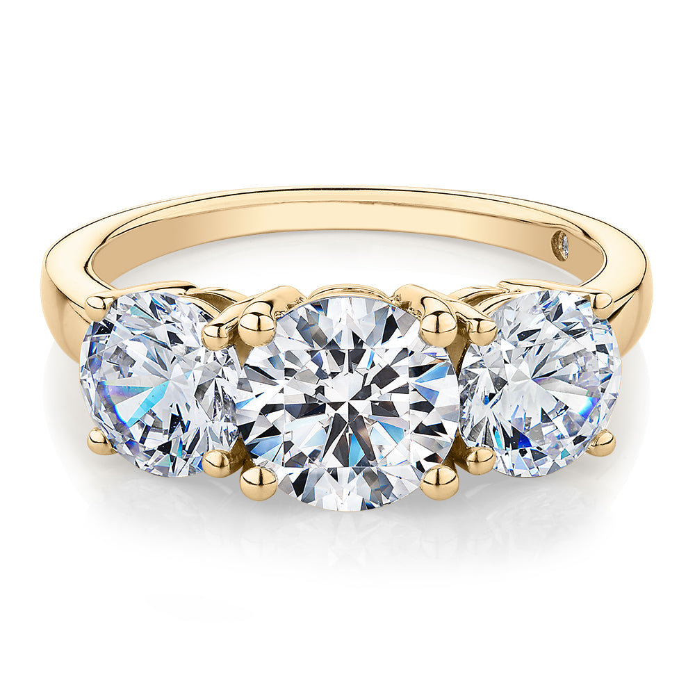 Signature Simulant Diamond 3.70 carat* TW round brilliant cut three stone engagement ring in 10 carat yellow gold