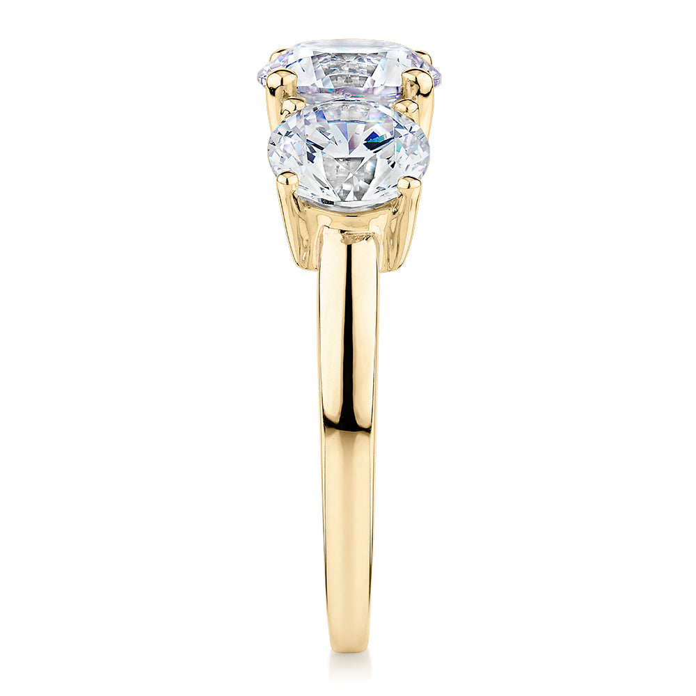 Signature Simulant Diamond 3.70 carat* TW round brilliant cut three stone engagement ring in 10 carat yellow gold