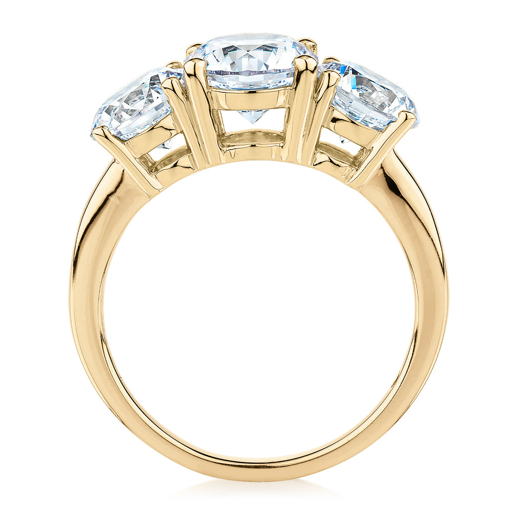 Signature Simulant Diamond 3.70 carat* TW round brilliant cut three stone engagement ring in 10 carat yellow gold