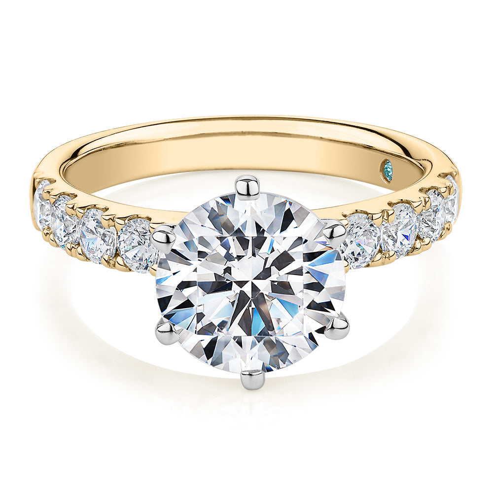 Premium Certified Lab-Grown Diamond, 3.62 carat TW round brilliant shouldered engagement ring in 14 carat yellow and white gold