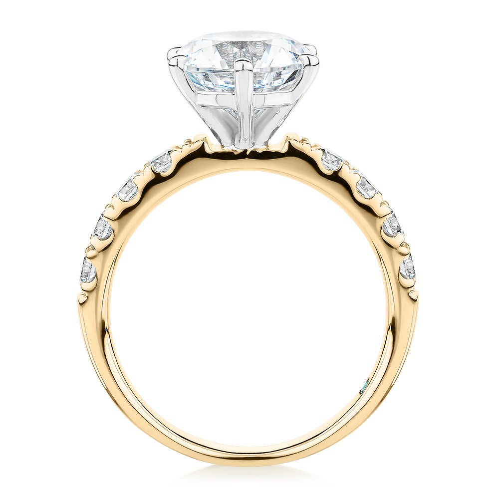 Premium Certified Lab-Grown Diamond, 3.62 carat TW round brilliant shouldered engagement ring in 14 carat yellow and white gold