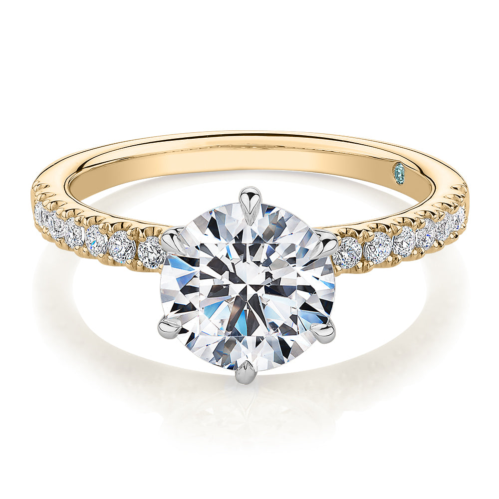 Premium Certified Lab-Grown Diamond 2.22 carat TW round brilliant shouldered engagement ring in 14 carat yellow and white gold