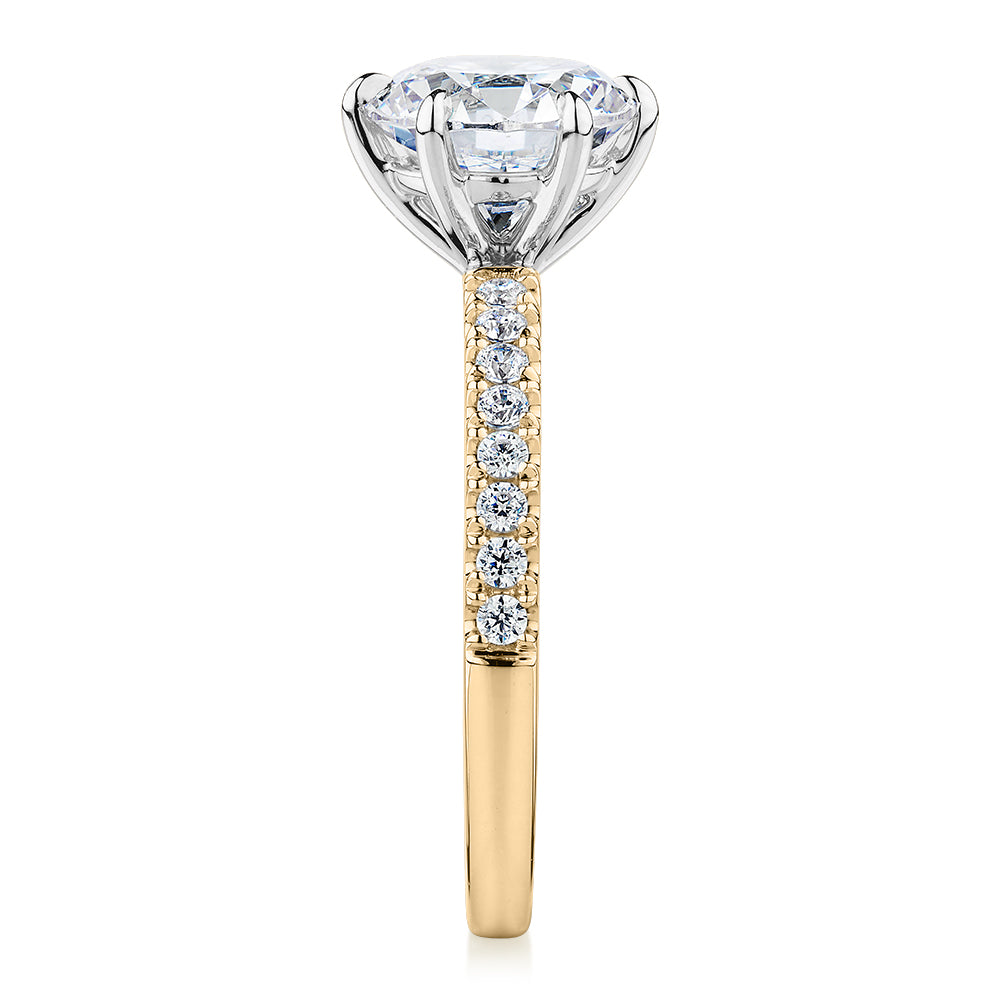 Premium Certified Lab-Grown Diamond 2.22 carat TW round brilliant shouldered engagement ring in 14 carat yellow and white gold