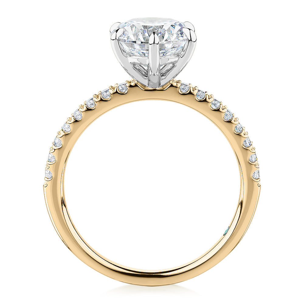 Premium Certified Lab-Grown Diamond 2.22 carat TW round brilliant shouldered engagement ring in 14 carat yellow and white gold