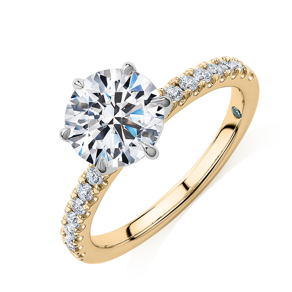 Premium Certified Lab-Grown Diamond 2.22 carat TW round brilliant shouldered engagement ring in 14 carat yellow and white gold