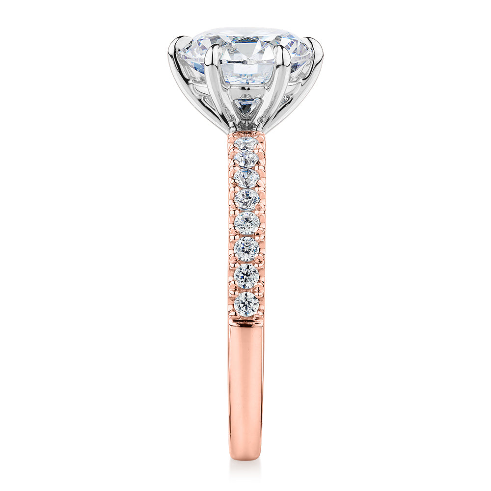 Premium Certified Lab-Grown Diamond 2.22 carat TW round brilliant shouldered engagement ring in 14 carat rose and white gold