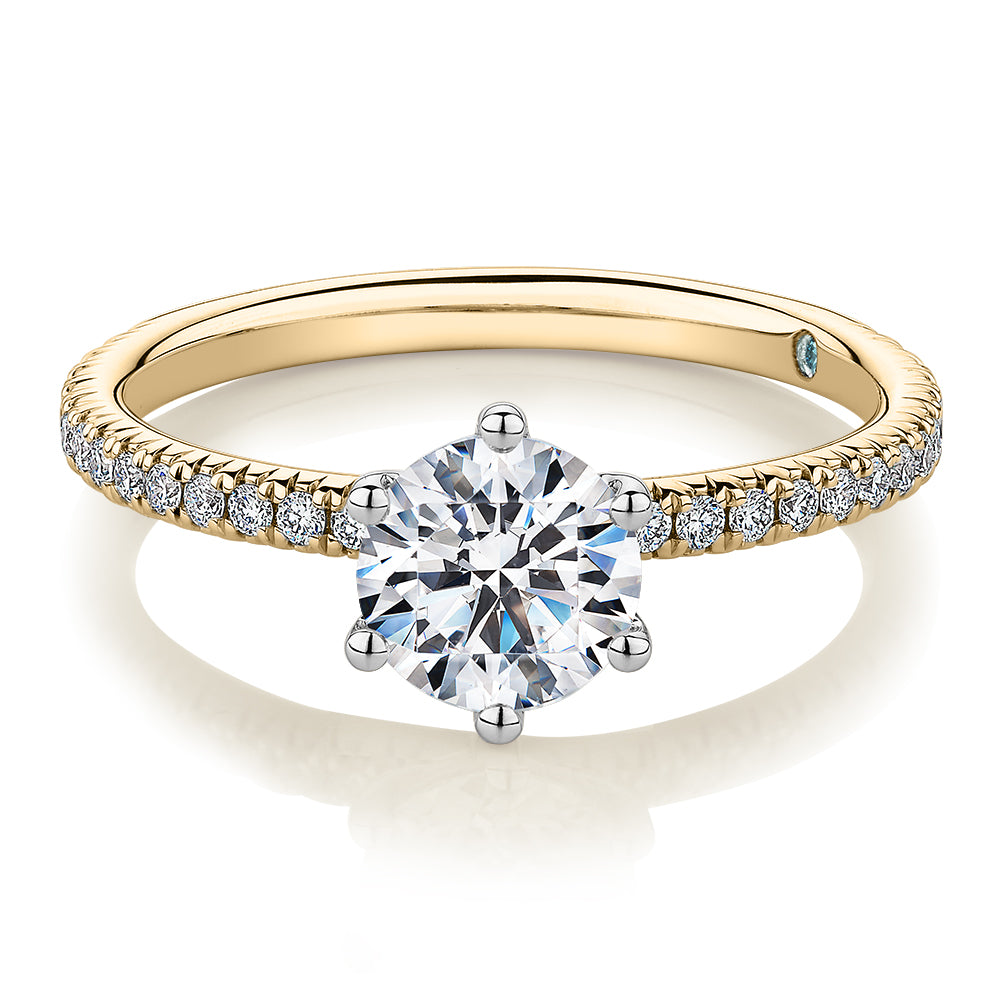 Premium Certified Lab-Grown Diamond 1.19 carat TW round brilliant shouldered engagement ring in 14 carat yellow and white gold