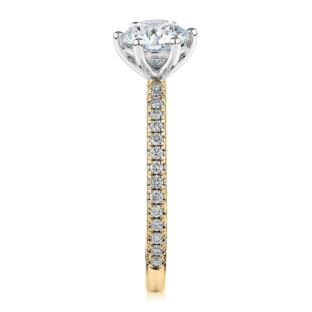 Premium Certified Lab-Grown Diamond 1.19 carat TW round brilliant shouldered engagement ring in 14 carat yellow and white gold