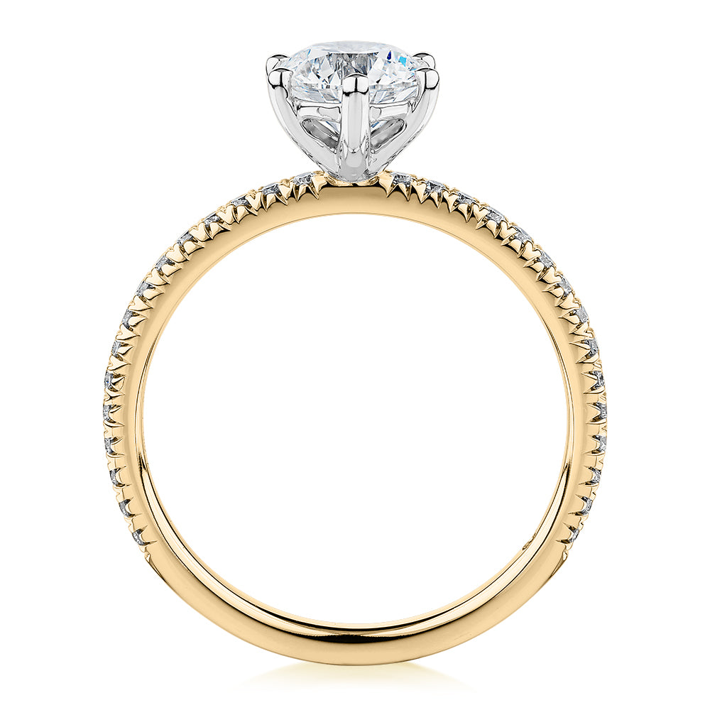 Premium Certified Lab-Grown Diamond 1.19 carat TW round brilliant shouldered engagement ring in 14 carat yellow and white gold