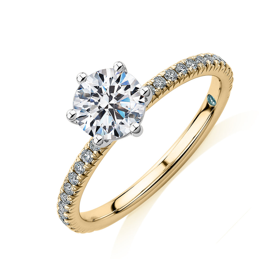 Premium Certified Lab-Grown Diamond 1.19 carat TW round brilliant shouldered engagement ring in 14 carat yellow and white gold