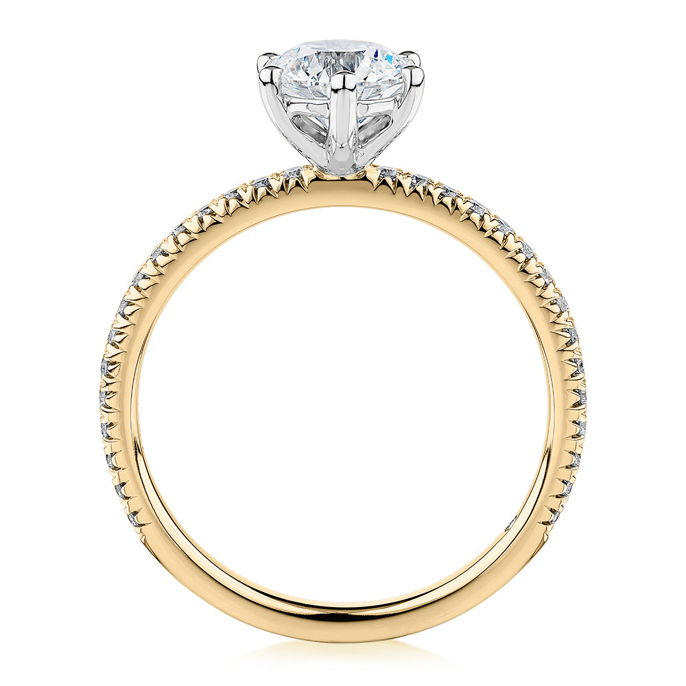 Signature Simulant Diamond 1.19 carat* TW round brilliant shouldered engagement ring in 14 carat yellow and white gold