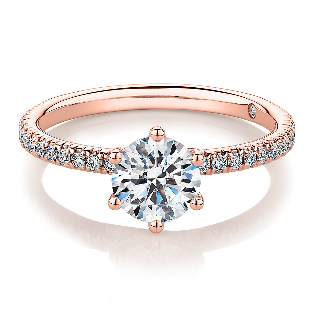 Signature Simulant Diamond 1.19 carat* TW round brilliant shouldered engagement ring in 14 carat rose gold
