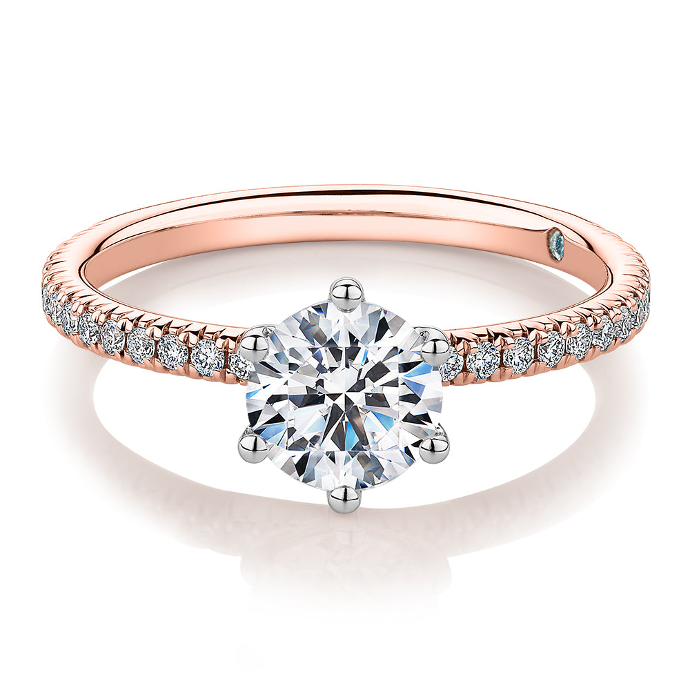 Premium Certified Lab-Grown Diamond 1.19 carat TW round brilliant shouldered engagement ring in 14 carat rose and white gold