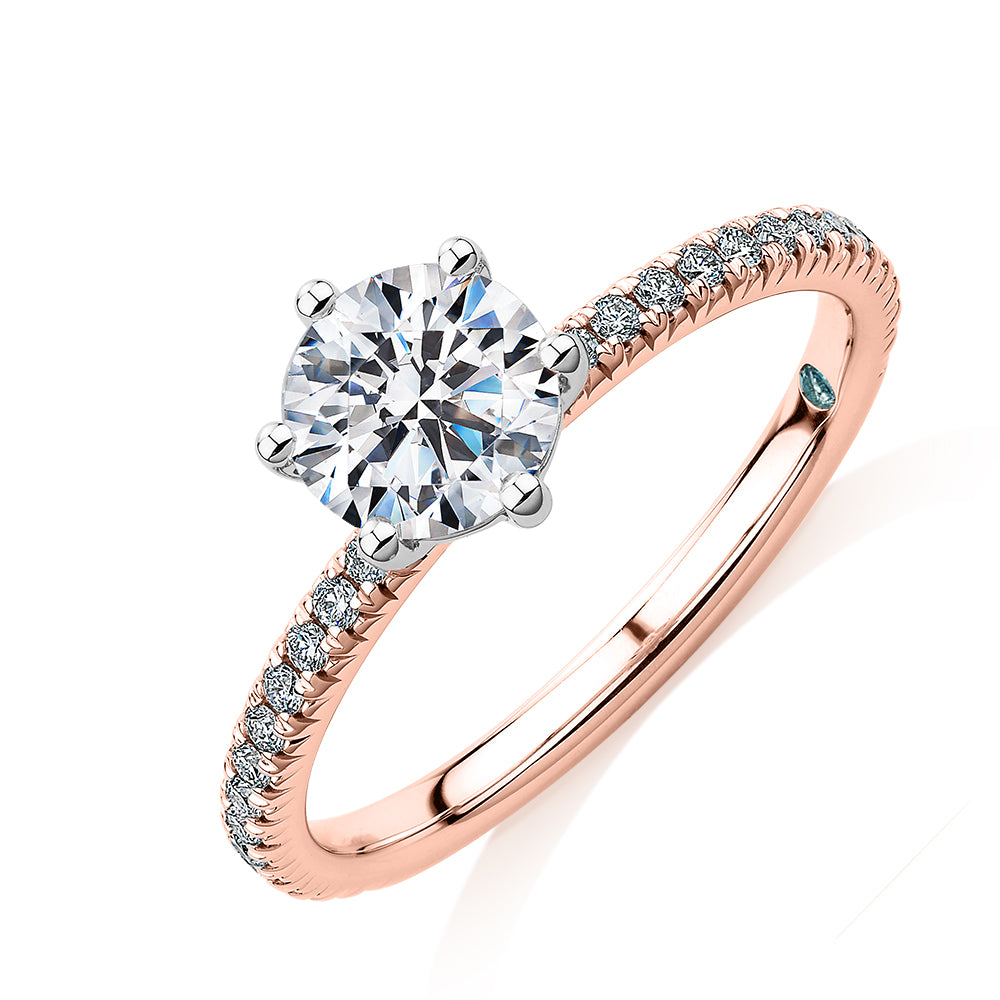 Premium Certified Lab-Grown Diamond 1.19 carat TW round brilliant shouldered engagement ring in 14 carat rose and white gold
