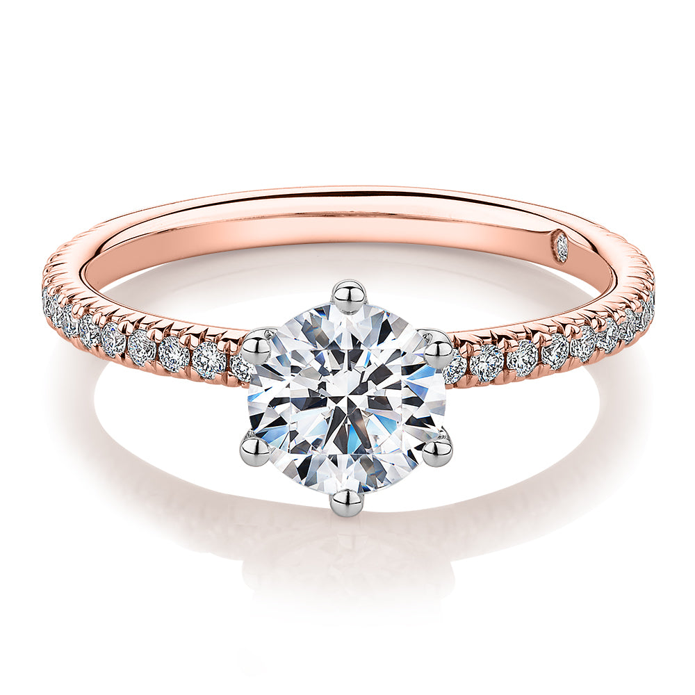 Signature Simulant Diamond 1.19 carat* TW round brilliant shouldered engagement ring in 14 carat rose and white gold