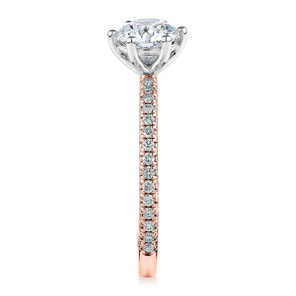 Signature Simulant Diamond 1.19 carat* TW round brilliant shouldered engagement ring in 14 carat rose and white gold