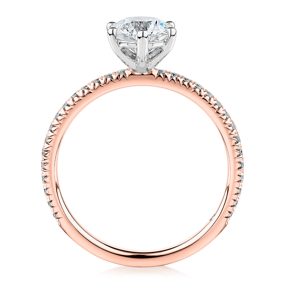 Signature Simulant Diamond 1.19 carat* TW round brilliant shouldered engagement ring in 14 carat rose and white gold