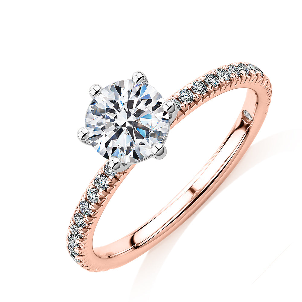 Signature Simulant Diamond 1.19 carat* TW round brilliant shouldered engagement ring in 14 carat rose and white gold