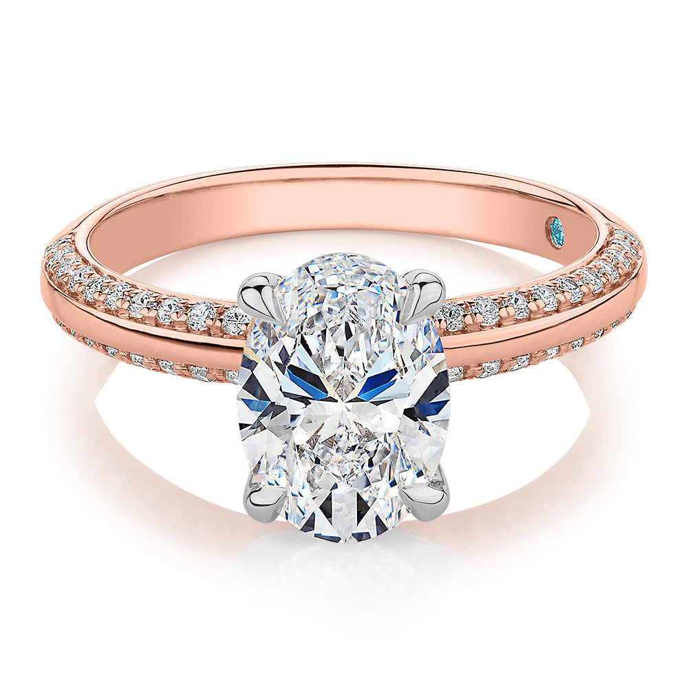 Premium Certified Lab-Grown Diamond 2.24 carat TW oval cut shouldered engagement ring in 14 carat rose and white gold