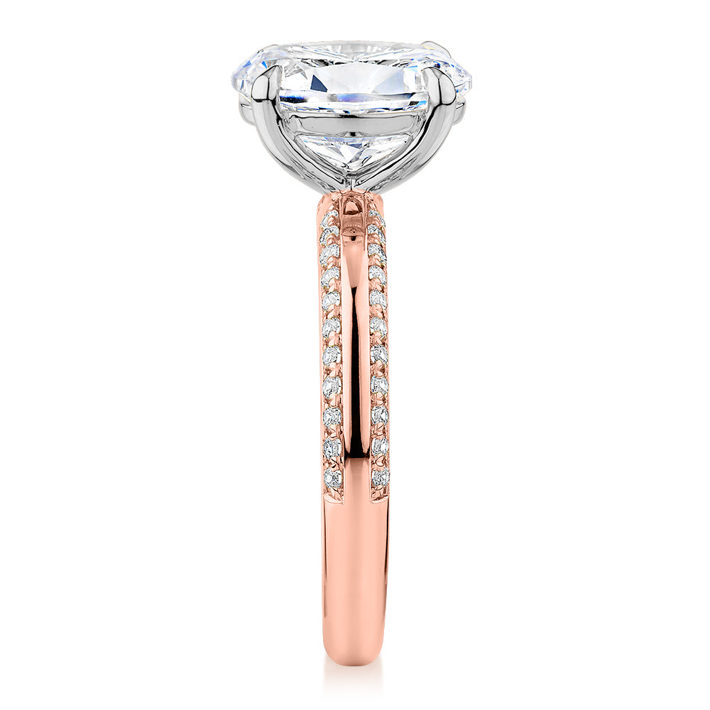 Premium Certified Lab-Grown Diamond 2.24 carat TW oval cut shouldered engagement ring in 14 carat rose and white gold