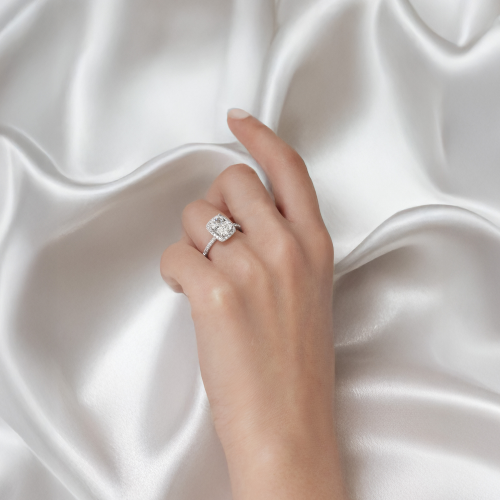 Premium Certified Lab-Grown Diamond 2.23 carat TW radiant and round brilliant halo shouldered engagement ring in 14 carat white gold