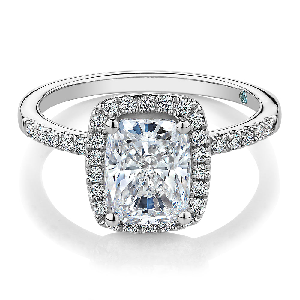 Premium Certified Lab-Grown Diamond 2.23 carat TW radiant and round brilliant halo shouldered engagement ring in 14 carat white gold