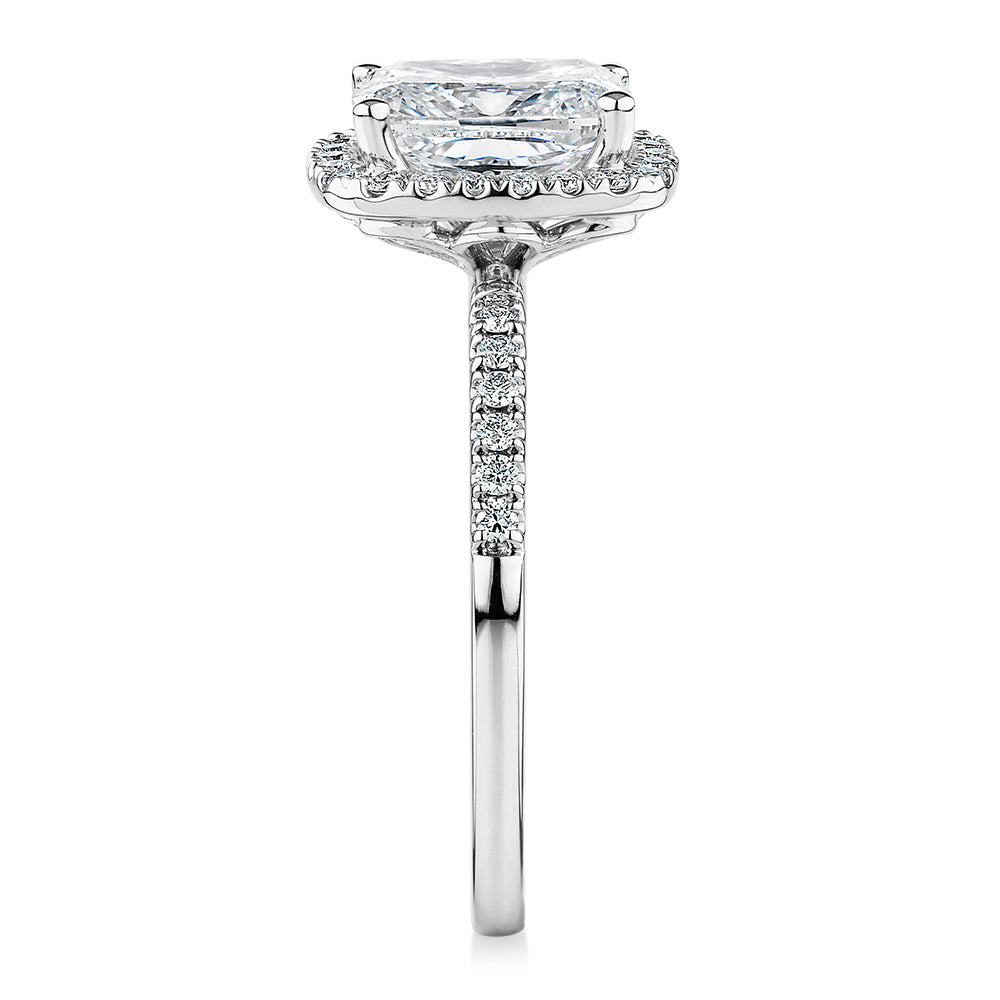 Premium Certified Lab-Grown Diamond 2.23 carat TW radiant and round brilliant halo shouldered engagement ring in 14 carat white gold