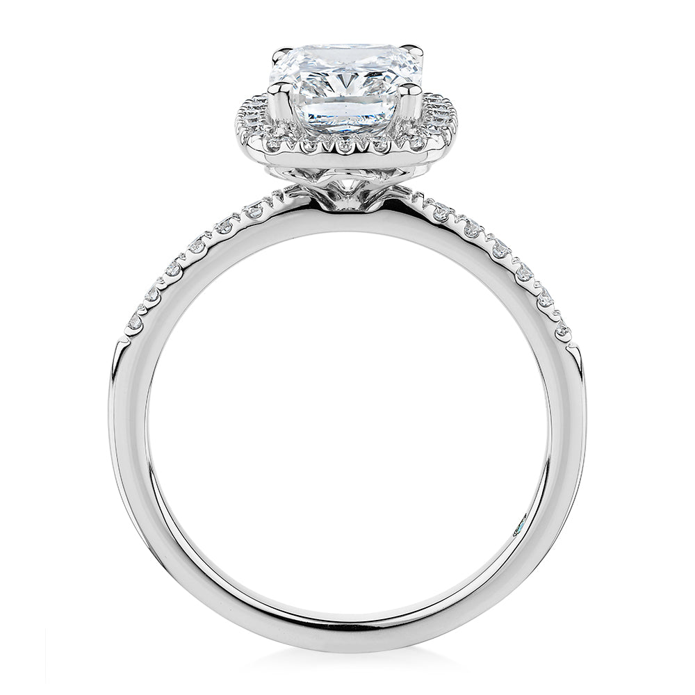 Premium Certified Lab-Grown Diamond 2.23 carat TW radiant and round brilliant halo shouldered engagement ring in 14 carat white gold