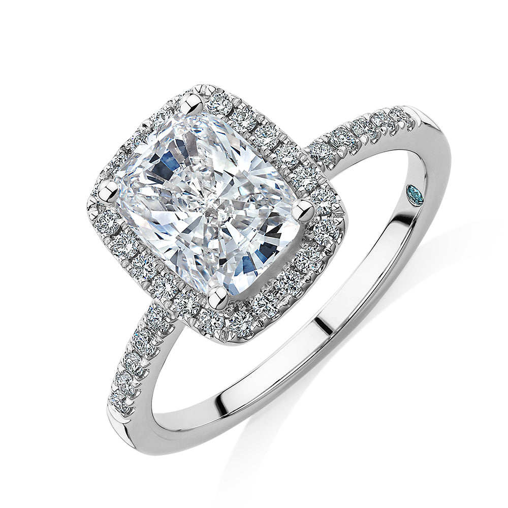 Premium Certified Lab-Grown Diamond 2.23 carat TW radiant and round brilliant halo shouldered engagement ring in 14 carat white gold