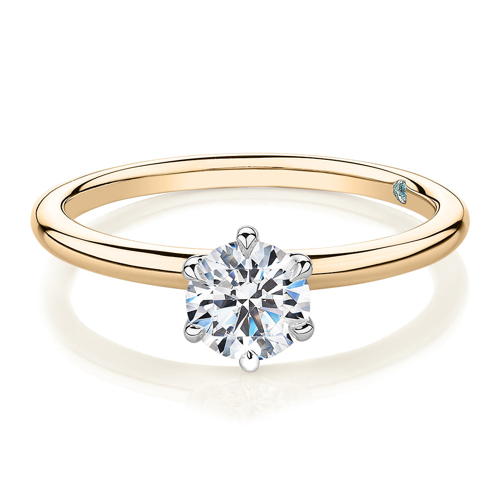 Premium Certified Laboratory Created Diamond, 0.70 carat round brilliant solitaire engagement ring in 14 carat yellow and white gold