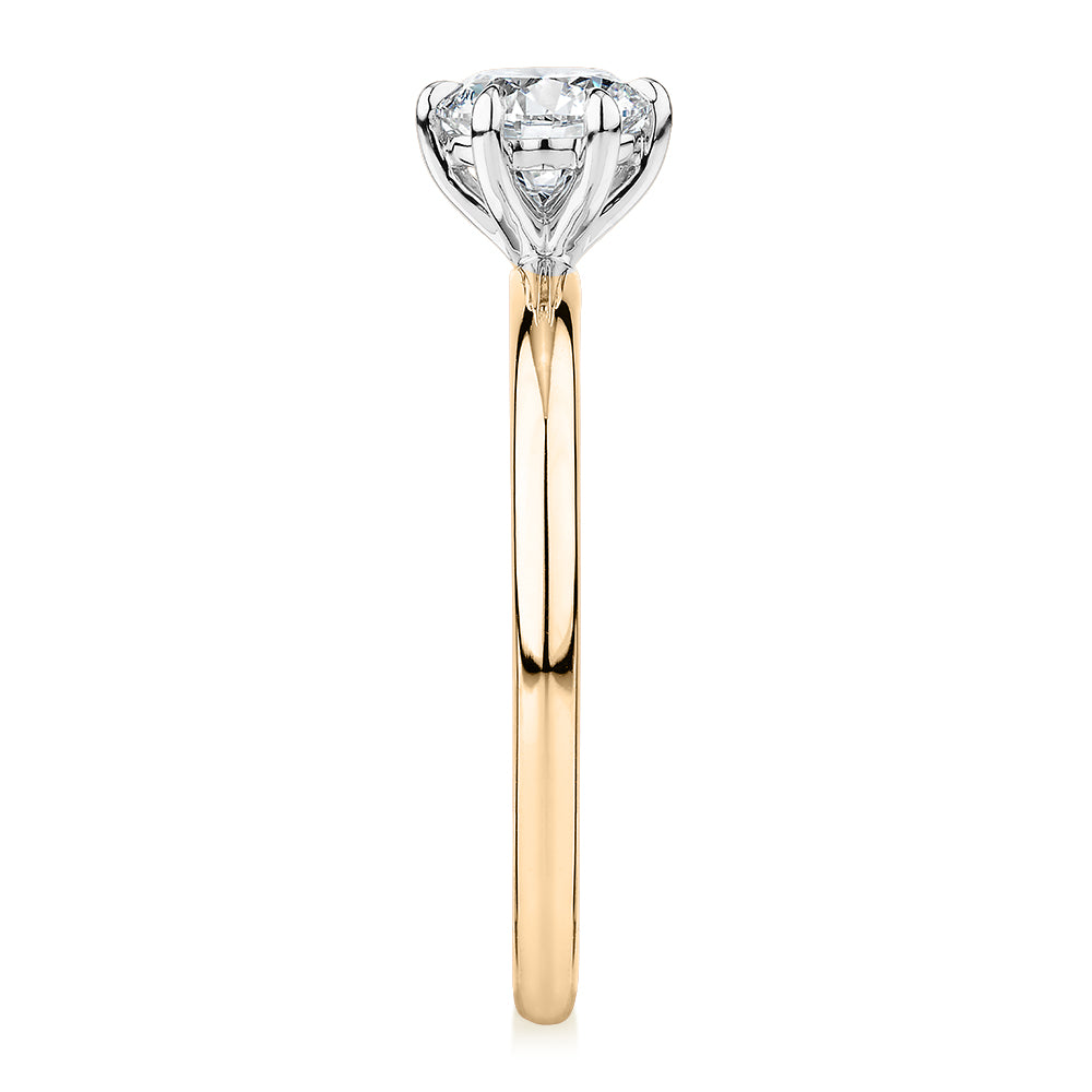 Premium Certified Laboratory Created Diamond, 0.70 carat round brilliant solitaire engagement ring in 14 carat yellow and white gold