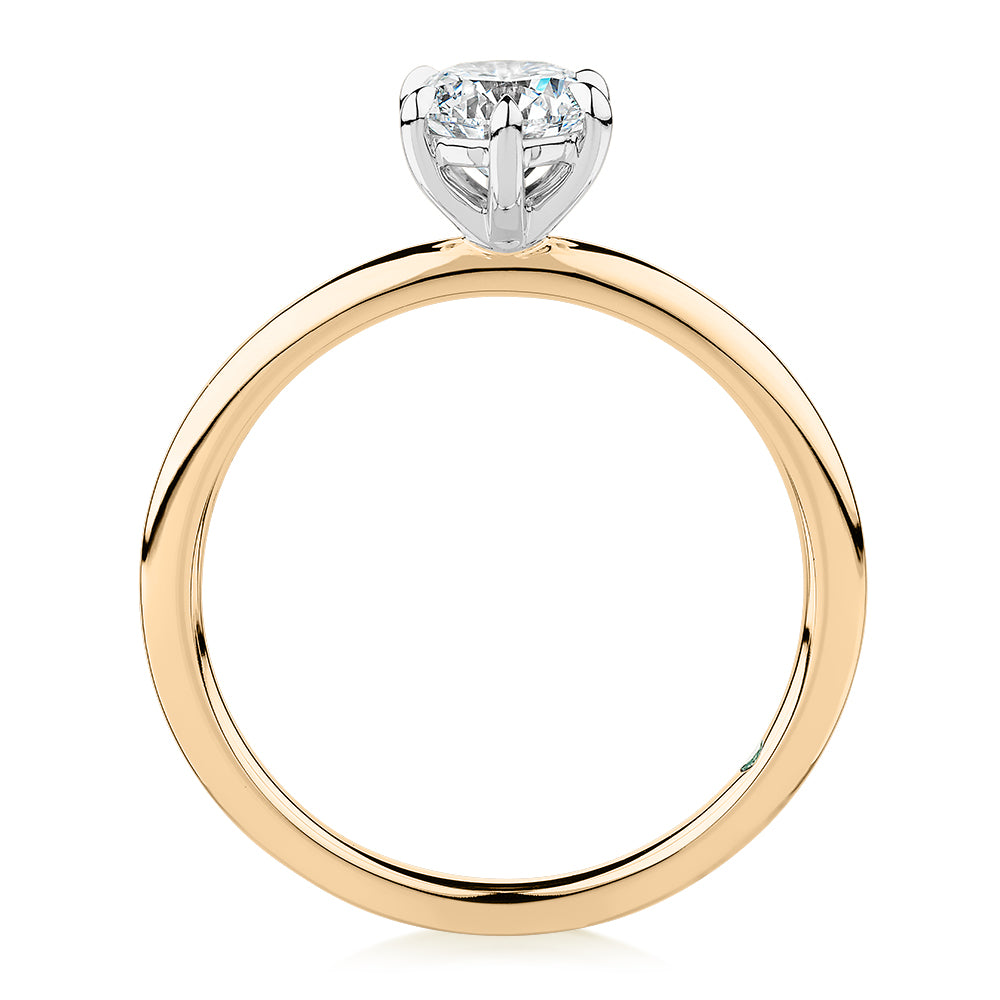 Premium Certified Laboratory Created Diamond, 0.70 carat round brilliant solitaire engagement ring in 18 carat yellow and white gold