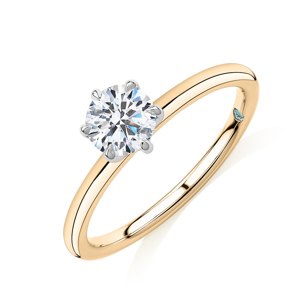 Premium Certified Laboratory Created Diamond, 0.70 carat round brilliant solitaire engagement ring in 14 carat yellow and white gold