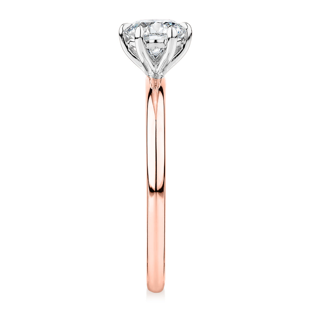 Premium Certified Laboratory Created Diamond, 0.70 carat round brilliant solitaire engagement ring in 14 carat rose and white gold