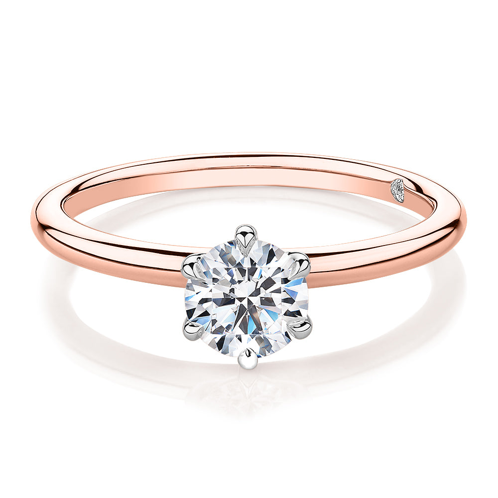 Signature Simulant Diamond 0.70 carat* round brilliant solitaire engagement ring in 14 carat rose and white gold