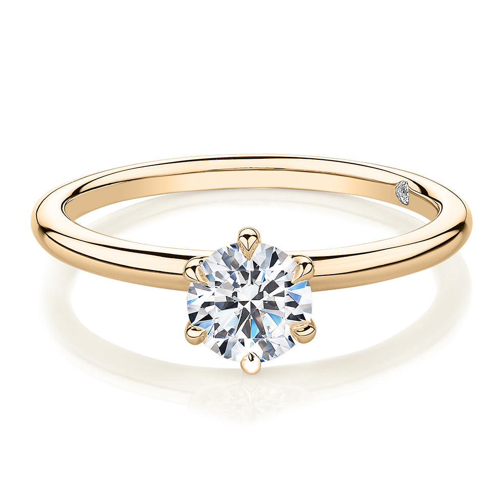 Signature Simulant Diamond 0.70 carat* round brilliant solitaire engagement ring in 14 carat yellow gold