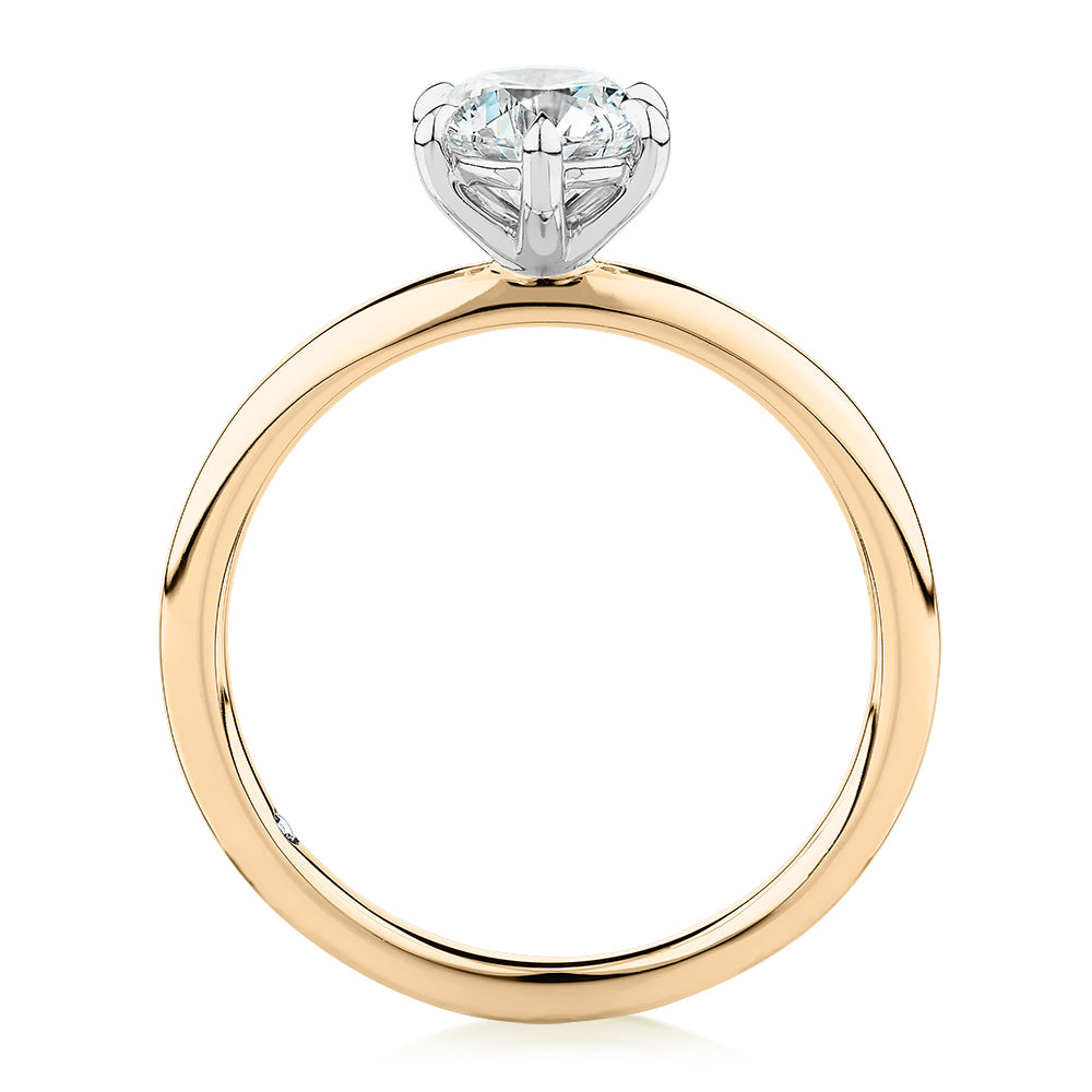Signature Simulant Diamond 1.00 carat* round brilliant solitaire engagement ring in 14 carat yellow and white gold