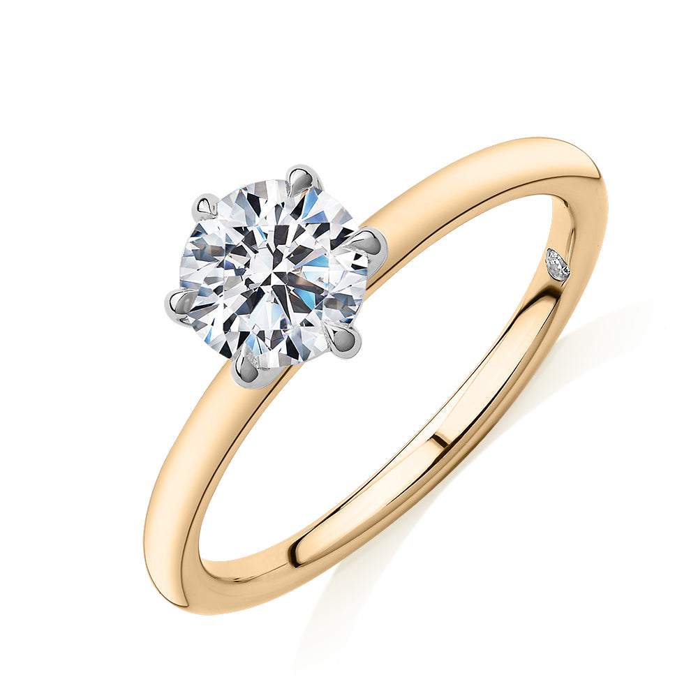 Signature Simulant Diamond 1.00 carat* round brilliant solitaire engagement ring in 14 carat yellow and white gold
