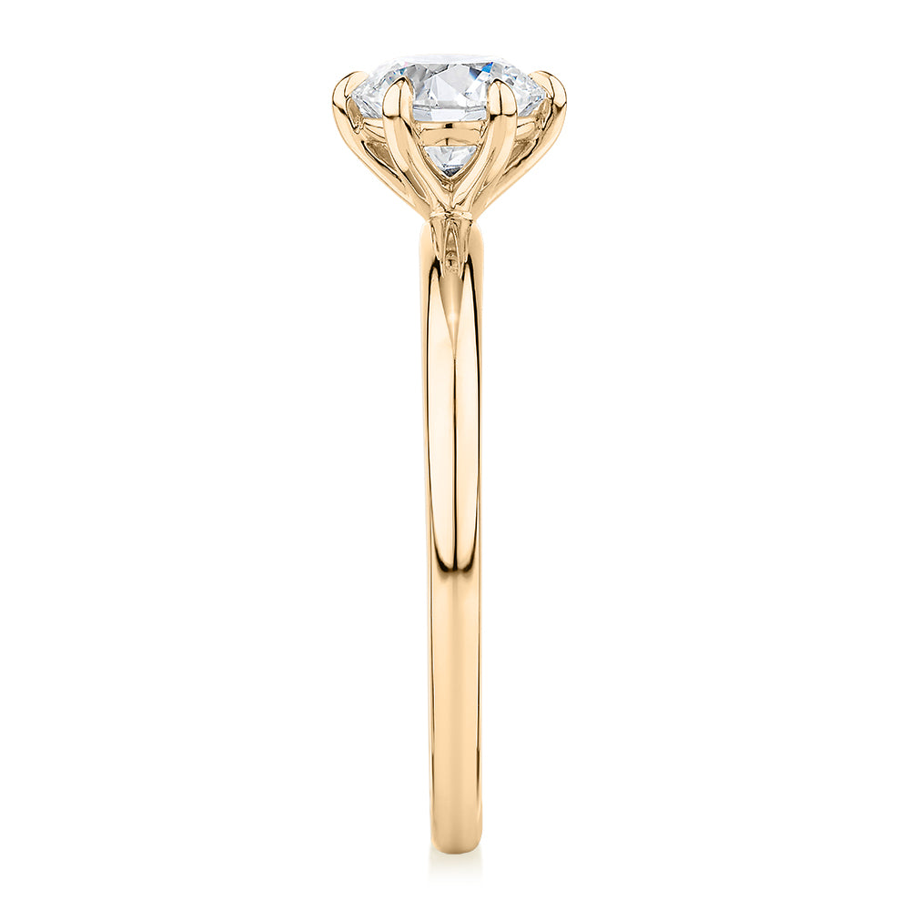 Premium Certified Laboratory Created Diamond, 1.00 carat round brilliant solitaire engagement ring in 14 carat yellow gold