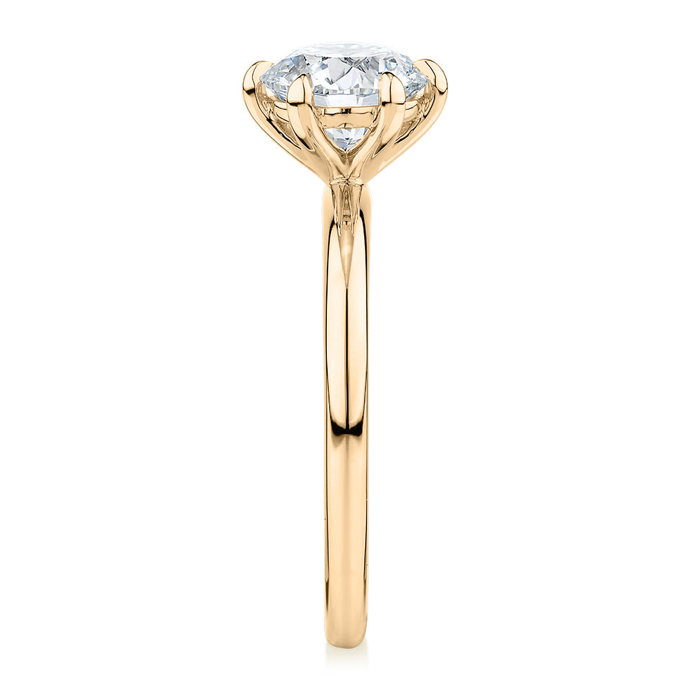 Premium Certified Laboratory Created Diamond, 1.50 carat round brilliant solitaire engagement ring in 18 carat yellow gold