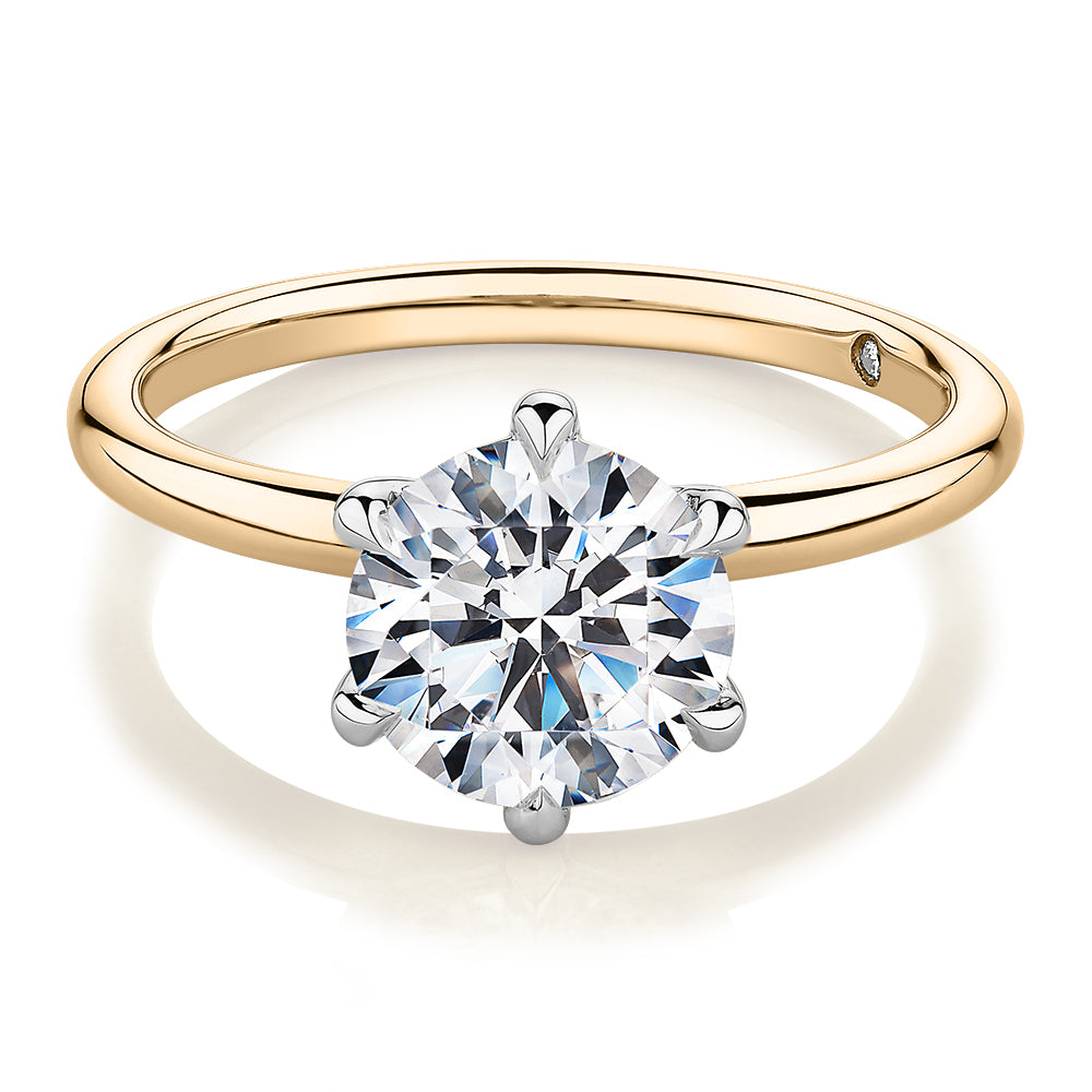 Signature Simulant Diamond 2.00 carat* round brilliant solitaire engagement ring in 14 carat yellow and white gold